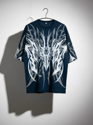Navy Blue Printed Lycra Oversized T-Shirt