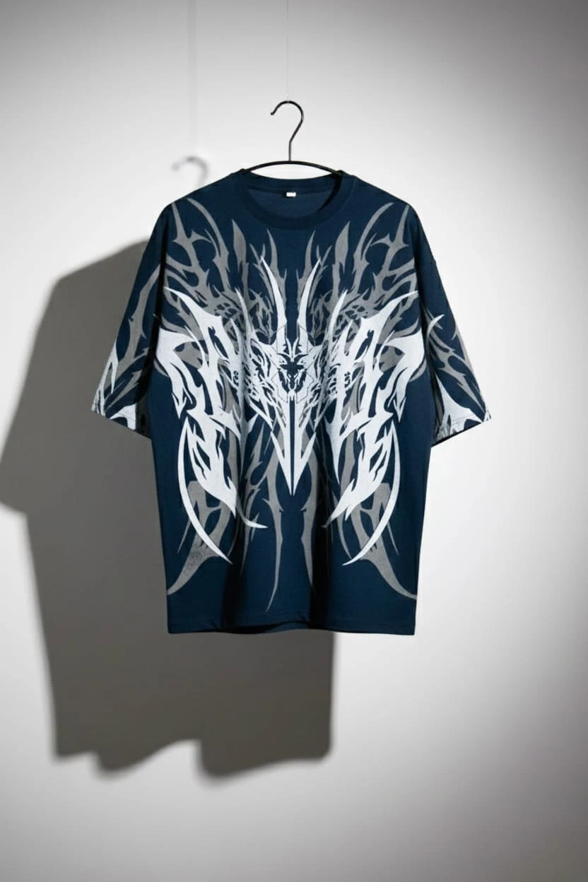 Navy Blue Printed Lycra Oversized T-Shirt