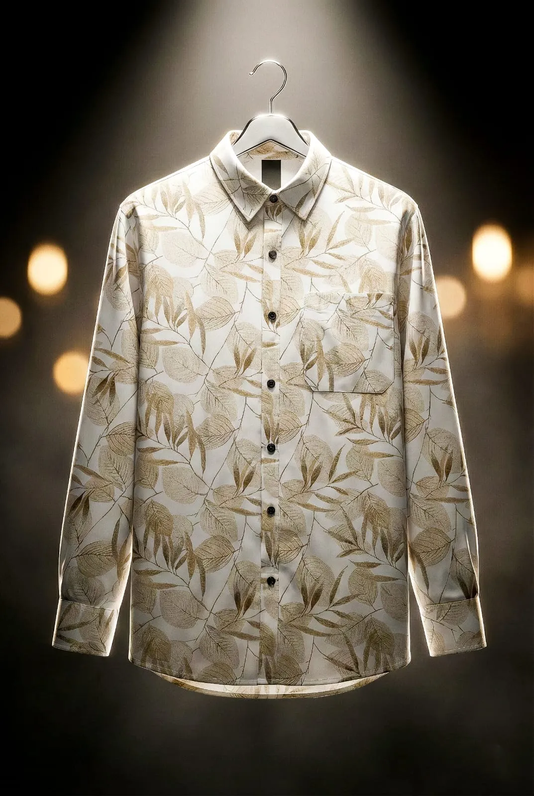 Cream Leaf Printed Cotton Blend Lycra Shirt