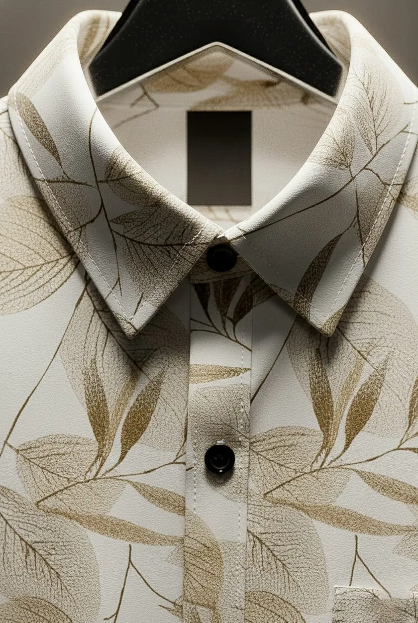 Cream Leaf Printed Cotton Blend Lycra Shirt - Image 2