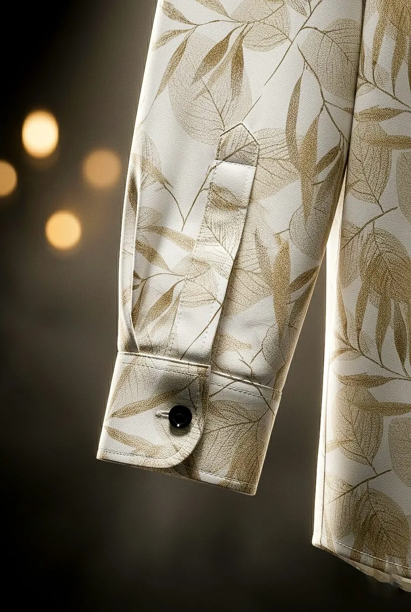Cream Leaf Printed Cotton Blend Lycra Shirt - Image 4