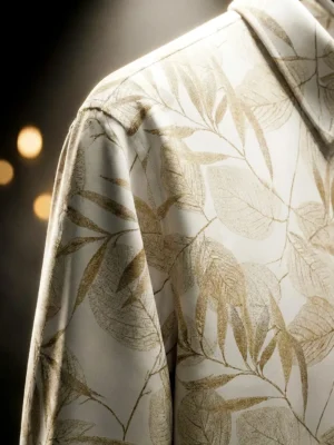 Cream Leaf Printed Cotton Blend Lycra Shirt