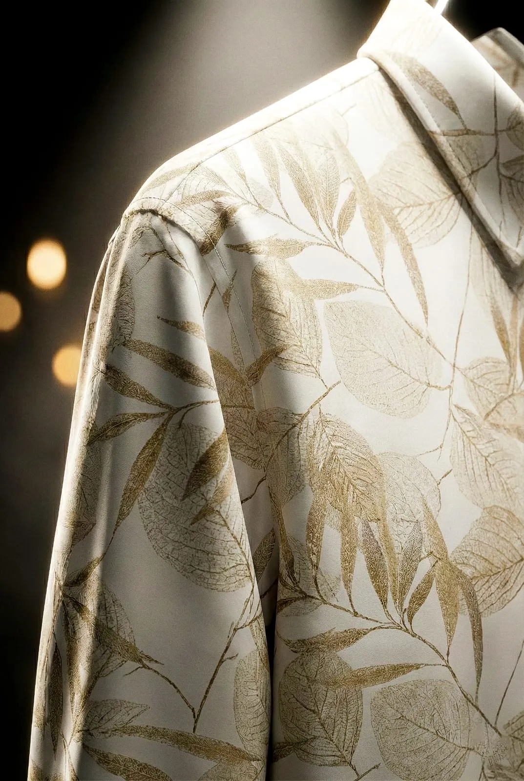 Cream Leaf Printed Cotton Blend Lycra Shirt - Image 3