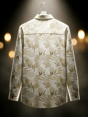 Cream Leaf Printed Cotton Blend Lycra Shirt