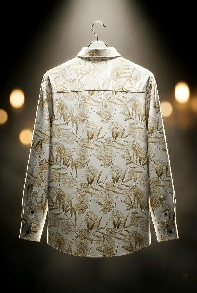 Cream Leaf Printed Cotton Blend Lycra Shirt - Image 5